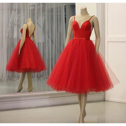 Short Spaghetti Tulle Red Evening Dresses Backless A-Line Knee Length V-Neck Abendkleid Robes de Soirée for Women