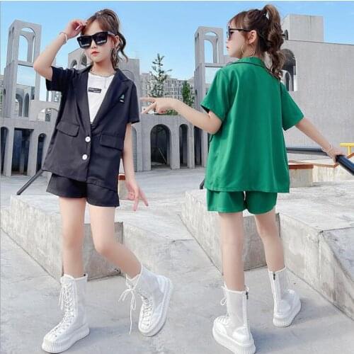 2021 Korea style girls 3 pcs set blazer+t-shirt+shorts fashion summer girls suit 4-9t B297