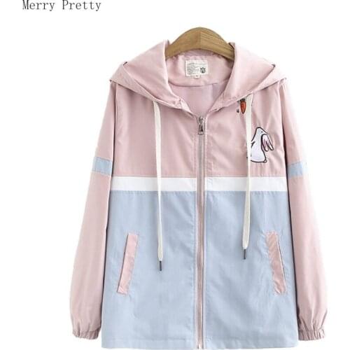 Women Cartoon Embroidery Hooded Jackets Streetwear Patchwork Long Sleeve Women Cute Jackets Zipper Outerwear Coats