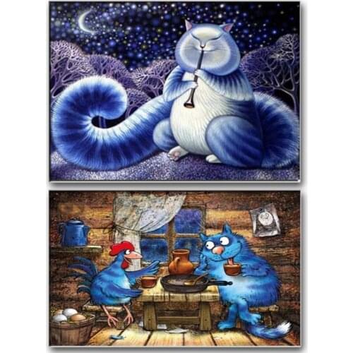 DIY Square Diamond Painting Cross Stitch Needlework Blue White Cat 5D Diamond Embroidery Diamond Mosaic Square Kits Home Decor