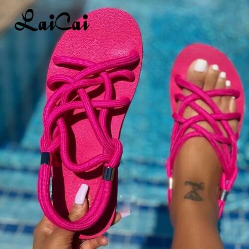 LaiCai 2021 Summer New Flat Open Toe Sandals Fashion Solid Color Comfortable Outdoor Womens Shoes Plus Size Sandalias De Mujer