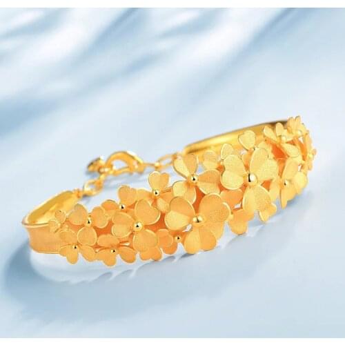 Fashion Popular Flowers Bangle Yellow Gold Filled Womens Bracelet Adjustable Not Easy Fade