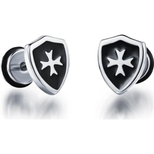 Shield Cross Mens Earrings Gold Silver Color Knight Templar Stud Earring Men Hip Hop Punk Stainless Steel Jewelry