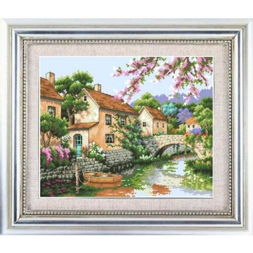 Decorative Painted Cross Stitch Kit Scenic Rural Canal Chinese Embroidery Handmade Material Pack BIG