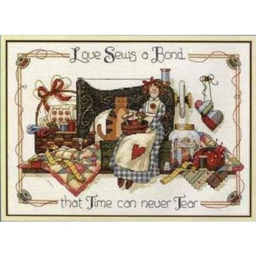 14/22/25ct Lovely Counted Cross Stitch Kit Love Sews A Bond Sewing Sew Girl Woman Maid and Cat Kitten Kitty dim