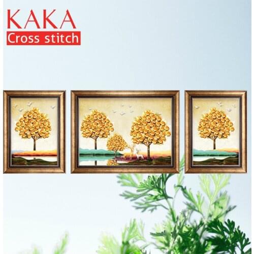 KAKA Cross stitch kits,5D Triplets Elk Fortune Tree,Embroidery needlework sets with printed pattern,11CT canvas,Home Decor Paint