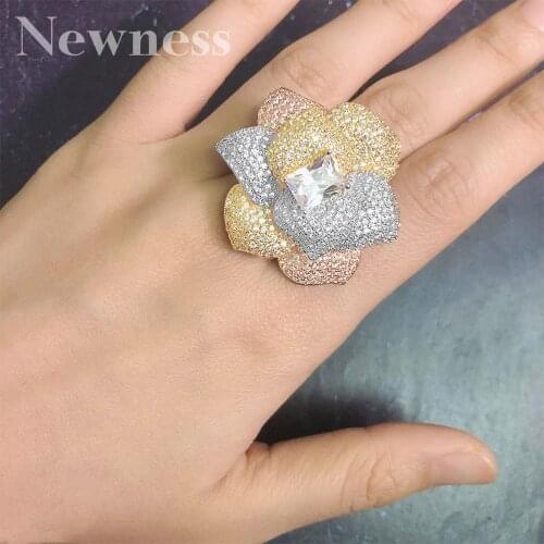 Newness Luxury Bloom Flower Cubic Zirconia Engagement Dubai Naija Bridal Cocktail Finger Resizable Ring