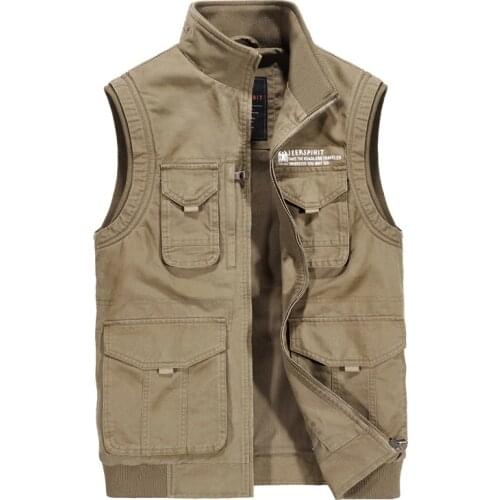 New Autumn Mens Vest Pure Cotton Sleeveless Jacket Men Korean Clothes Multi-pockets Military Stand Collar Vest Coat Male M-4XL