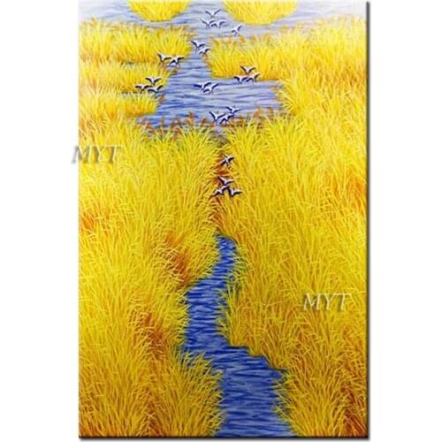 Modern canvas painting 100% hand painted oil painting living room dining room, golden yellow, grass painting
