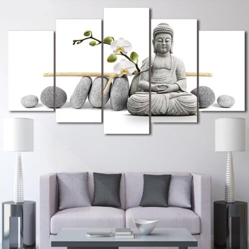 Modern Home Decoration Canvas Painting 5 Pieces Zen Orchid Posters HD Print Religious Buddha Wall Art Pictures for Living Room