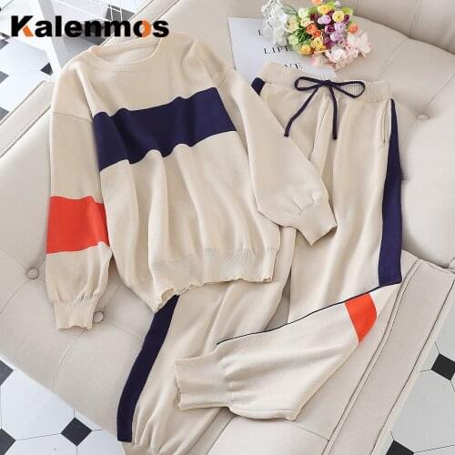 2 piece Outfit Tracksuit Women Knit Spring Autumn Korean Sweatshirt Jogging Pullover Sports Suits Long Loose Pants Sets KALENMOS