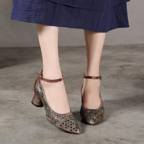 Pumps Women Leather Hollow Chunky High Heels Pointed Shoes Dusty Blue