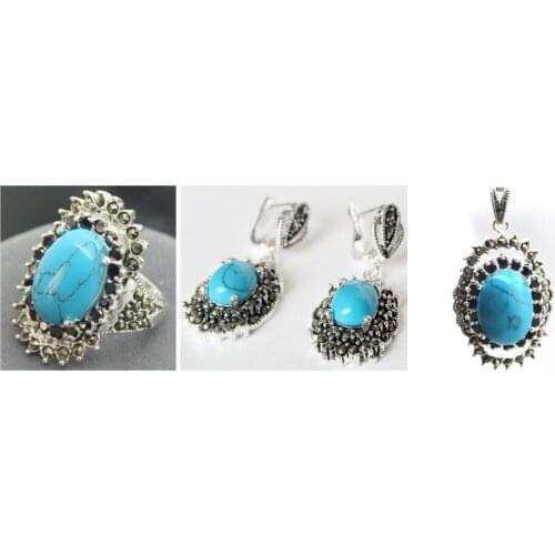 Vintage Blue jade 925 Sterling Silver Marcasite Ring (#7-10) pendant and earrings sets