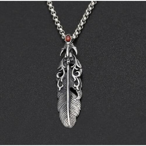 S925 sterling silver jewelry retro Thai silver men and women models handmade eagle skull flame feather pendant