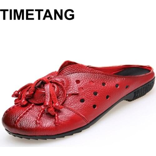 TIMETANG Ethnic Style Genuine Leather Women Shoes Handmade Flower Slides Flat shoes folk-custom vintage hollow out flat shoes