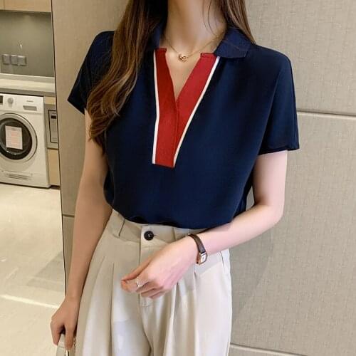 2021Summer Hedging solid color Shirt Lady Retro Tops Women Casual Short Sleeve V-neck chiffon shirt Blouse