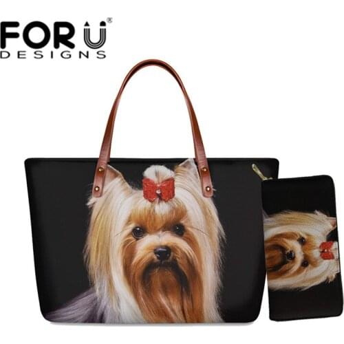 FORUDESIGNS Printing Yorkshire Terrier Shoulder Bag Female 2Pcs/Set Top-handle Bags Animal Dog Large Capacity Tote Bag for Women