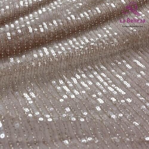 1yard New fashion light pink/gray Straight beads with sequins on netting embroidery wedding dress lace fabric