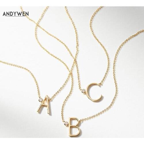 ANDYWEN 925 Sterling Silver Gold Leter A M Mini Sized Initial Necklace A B C Stone Monogram Pendant Jewelry Luxury Gift Women
