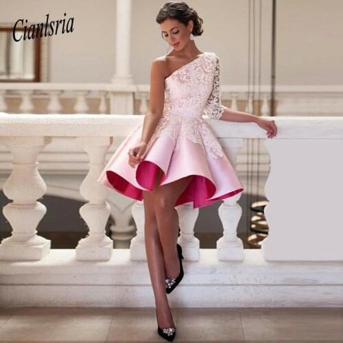 2020 Ball Gown Homecoming Dresses One Shoulder short prom dress robe de soiree Pink Evening Party Dress Sexy Cocktail Dresses