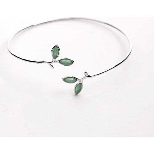 Adjustable 925 Sterling Silver Opal Green Leaf Charm Pendent Bracelet & Bangles For Women Creative Jewelry sl225