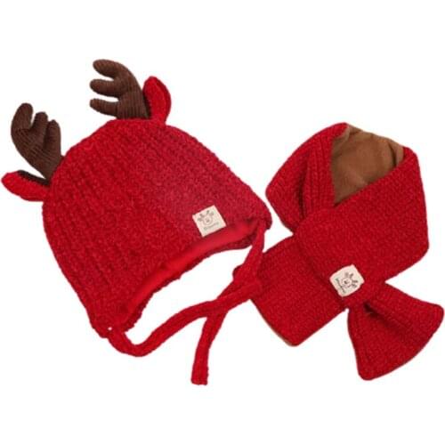 Baby Kids Ear Face Protection Beanie Hat Autumn Winter Warm Knitted Headgear Christmas Cartoon Deer Hat Scarf Suit 0-2 Years