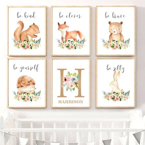 Custom Baby Name Poster Bear Fox Rabbit Squirrel Flower Nursery Wall Art Print Canvas Painting Wall Pictures Child Room Decor