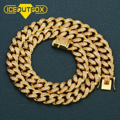 ICEOUTBOX 12mm Iced Zircon Cuban Necklace Chain Hip hop Jewelry Gold Color Copper Material CZ Clasp Mens Necklace Link 18-24inch