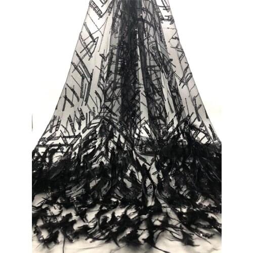 Nice looking embroidery tulle mesh lace fabric 7YG-206405 with sequins and feather good quality for party dress