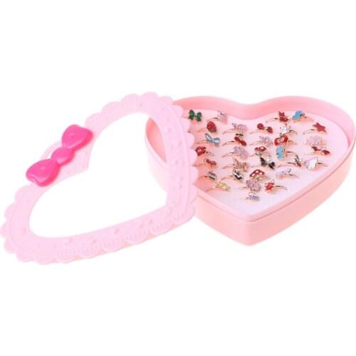 New 36 pcs Alloy Cartoon Rings With Bow tie box Colorful Lovely Adjustable Jewelry Gifts Party Favors Toys for Children Kids