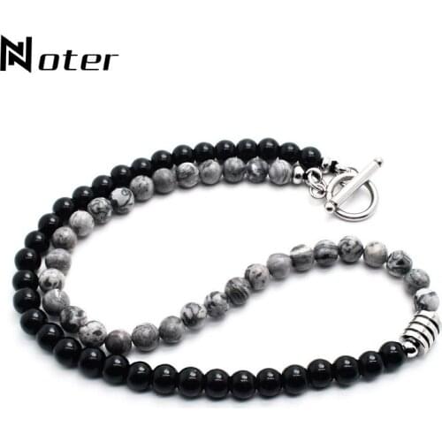 Noter Natural Stone Necklace For Men Stainless Steel Simple Hook Punk Necklace Minimalist Obsidian Map Tiger eye Beads Necklace