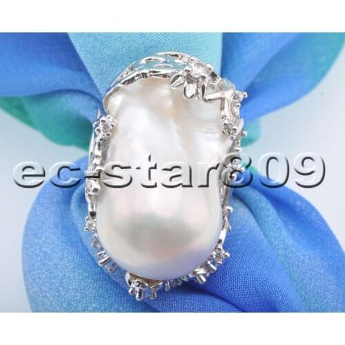 P6763 Perfect mosaic Natural 28mm White Baroque Keshi Pearl Ring