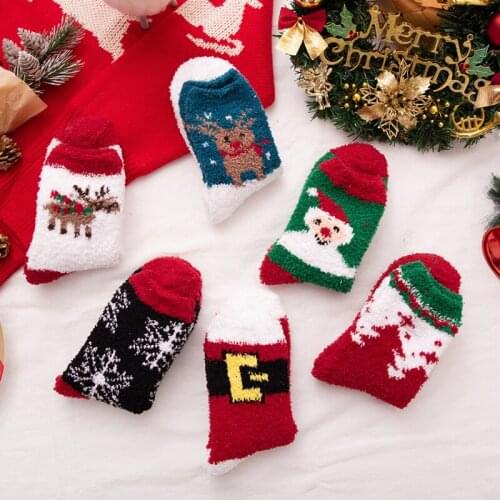 Christmas socks ladies new products 2020 coral fleece material warmth thick half fleece elderly elk socks Christmas snowflakes
