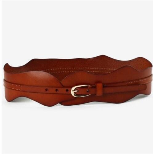 2020 Leather Belts for Women Wide Girdle Cowhide Pin Buckle Fashion Simple Vintage Dress Irregular Wavy Waist Belts