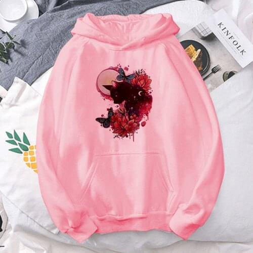Hoodies Women Kawaii Winter Warm Cartoon Black cat Graphic Streetwear Unisex Tops Sweatshirts Female Pocket hoodie Clothing Tops