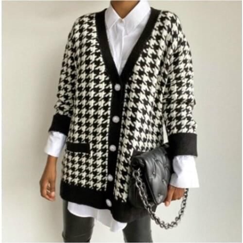 Fashion V Neck Women Button Black Houndstooth Cardigan Long Sleeve Sweater Autumn Winter Knitted Loose Oversized Jumper Casual