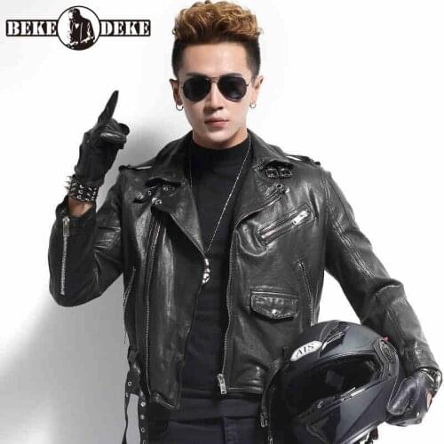 Brand Men Genuine Leather Jacket Punk Style Sheepskin Lapel Short Coat Top Quality 2020 New Slim Fit Motorcycle Biker Jacket