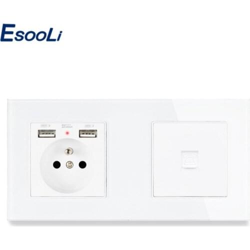 ESOOLI French Standard Electric Socket with 2 USB Charge Port +1 Gang RJ11 Telephone Connector Tempered Glass Panel 172*86mm