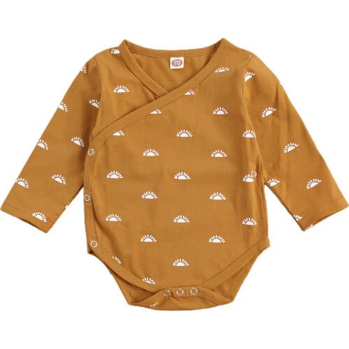 Baby Boys Girls Cotton Bodysuits Ginger Printed Pattern Jumpsuits Unisex Long Sleeve Soft Outfits V-neck One-piece 0-12 Months