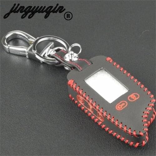 Jingyuqin 5 Buttons Hand-stitched leather Remote Fob Cover Case For Tomahawk TW9010 TW9030 Two Way Alarm System LCD Keychain