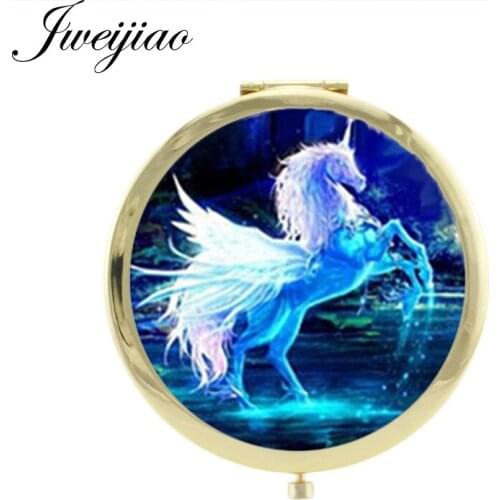 JWEIJIAO Cartoon Pictures Unicorn makeup mirrors Folding Round small mirrors for girls vintage metal Vanity mirror C678