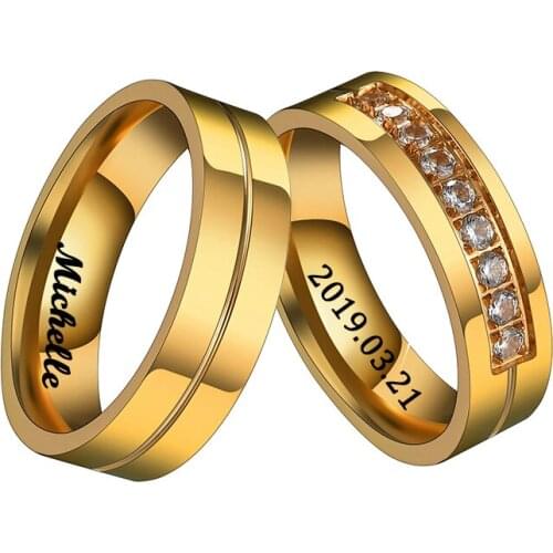 Acheerup Engrave Name Stainless Steel 6mm Couple Crystal Rings Women Men Personalized Wedding Jewelry Engagement Gift For Lovers