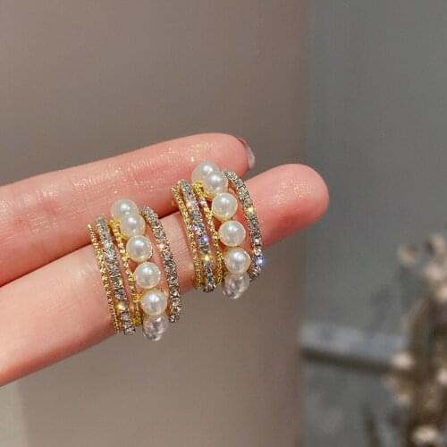 Korean Rhinestone Pearl C-shaped Earrings for Women 2021 New Fashion Simplicity Jewelry Female Elegant Delicate Stud Earrings