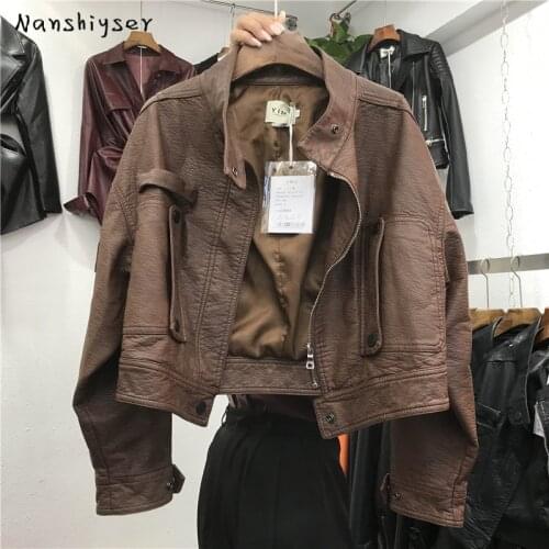 Short Faux PU leather jacket Womens Autumn Fashion Big pocket Slim Motorcycle leather jacket Streetwear Female Jaqueta de couro