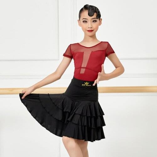 Summer Latin Dance Clothes For Girls Short Sleeve Practice Dress Black/Red Tops+Ruffle Skirt Sexy Mesh Dance Costume VDB3415