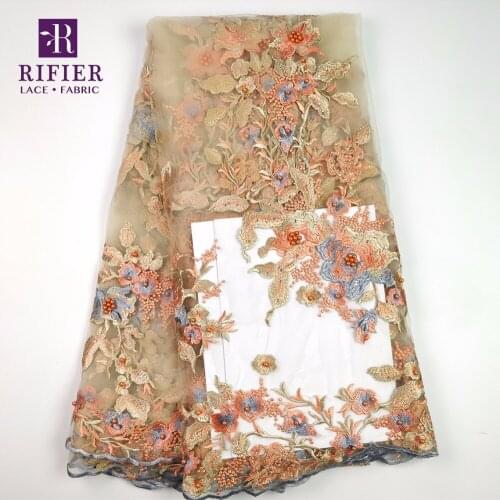 Beautiful Flower Embroidered Lace!! 2018 High Quality African Beads Stones Net Lace Fabric Beaded Nigeria Peach Wedding Fabrics