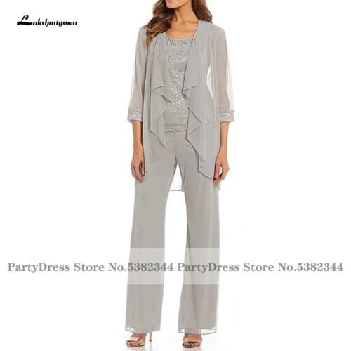 Lakshmigown Silver 3 Pieces Pant Suits for Mother of the Bride 2021 Vintage Lace Women Wedding Party Guest Dress Vestidos