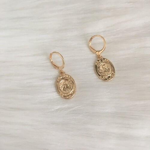 TRENDY EARRINGS GOLD COLOR PLATING ANGEL ENGRAVED PENDANT DROP EARRING FOR WOMEN GIRL