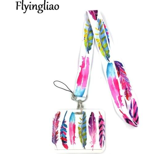 Pink Feathers Color Leaves Art Cartoon Anime Fashion Lanyards Bus ID Name Work Card Holder Accessories Decorations Kids Gifts