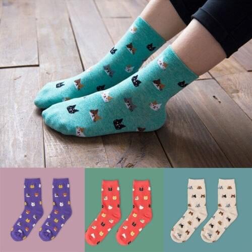 Fashion Warm Women Lovely Cute Cat Print Socks Animal Cartoon Cotton Socks 5 Colors 1 Pair Outfit Spring Fall